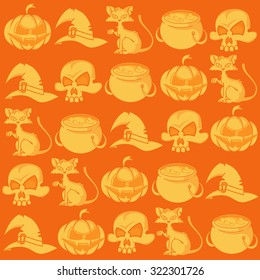 Orange vector background with rows of cartoon Halloween symbols: a skull, a big witch's hat, a cauldron, a cat, a pumpkin.