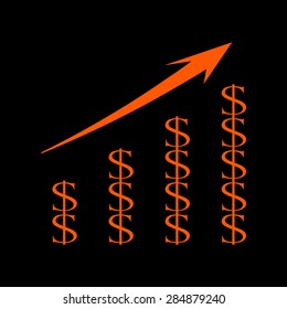 Orange  Vector Business Growing Chart Presentation Icon on a black background