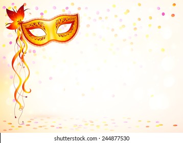 Orange vector carnival mask on pink bokeh light background