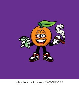 caricatura de personaje de vector naranja mascota humeante de la flor de hierba nug cannabis y dinero
