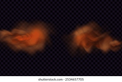 Orange vector cloudiness ,fog or smoke on dark checkered background.Set of Cloudy sky or smog over the city.Vector illustration.