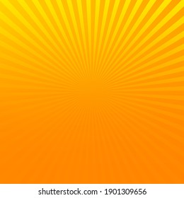 Orange vector comic pop art halftone background with yellow sunbeams, space for your text. Abstract illustration