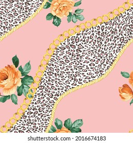 flores vectoriales anaranjadas con hojas verdes patrón de limbo de cadena dorada leopardo fondo rosa
