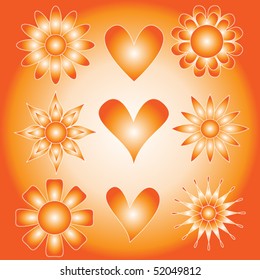 Orange vector flowers and hearts