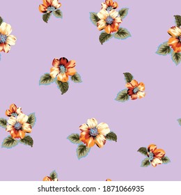 orange vector flowers leaves bunches pattern on violet background
