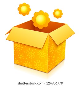 Orange vector gift box with yellow flowers and sunny pattern