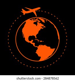 Orange  Vector globe icons with airplane  on a black background