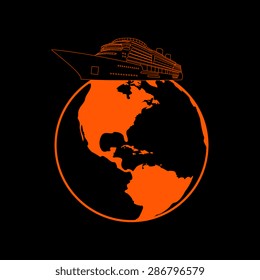 Orange Vector globe icons with ship on a black background