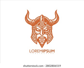 Orange vector graphic illustration of a viking warrior's face with a helmet and beard design on a white background with Loremipsum text