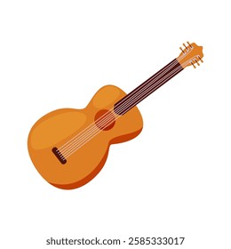 Orange vector guitar on a white background. A plucked string musical instrument with a figure-eight shaped wooden resonator body.