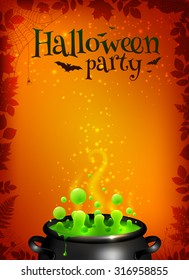 Orange vector Halloween poster template with green potion in black cauldron