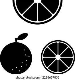 Orange, Vector Icon. Black Orange Whole And Black Orange Slices On A White Background.