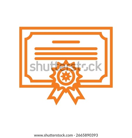 An orange vector icon of a certificate with a decorative border and a ribbon seal, symbolizing achievement or recognition.