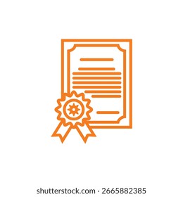 Un ícono de Vector naranja que representa un certificado con una cinta y un sello, que simboliza un logro o reconocimiento.