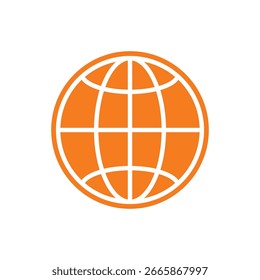 An orange vector icon depicting a globe with horizontal and vertical lines, representing global connectivity and network.