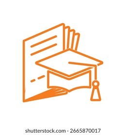 Um ícone de vetor laranja de um teto de graduação apoiado em cima de um livro, representando o aprendizado e a realização acadêmica.