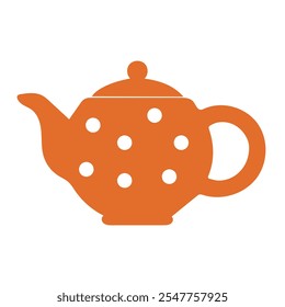 An orange vector illustration of a clay kettle with hot tea or coffee isolated on a white background