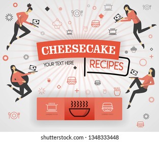 orange vector illustration concept. cheesecake recipes recipes cover book.  healthy cooking recipe and delicious food cover can be for, magazine, cover, banner, cookbook, book. flat cartoon style
