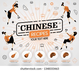 orange vector illustration concept. chinese recipes recipes cover book.  healthy cooking recipe and delicious food cover can be for, magazine, cover, banner, cookbook, book, mobile. flat cartoon style