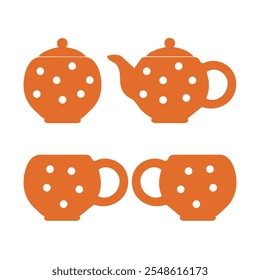 Orange vector illustration of cups of hot tea, sugar bowl and a clay kettle isolated on a white background