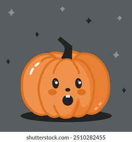 Orange vector illustration of a pumpkin with a tail and with a cute face surprised face. Halloween illustration.