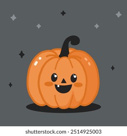 Orange vector illustration of a pumpkin with a tail and with a cute face and smile. Illustration for Halloween.