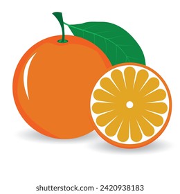 Orange vector illustration. Realistic orange with green leaf. Orange vector, flat slice icon on white background. Illustration of fresh orange, vector.