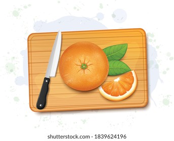 Orange vector illustration with orange slices and green leaves on wooden chopping board from top angle
