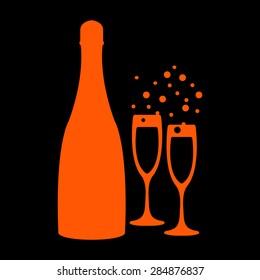 Orange vector illustrations glasses of champagne with bottle on a black background