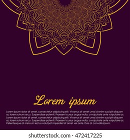 Orange vector invitation with mandala design elements. Square invite template. Luxury floral weave pattern. Unusual greeting in oriental boho chic style. Decorative vintage print. vector illustration