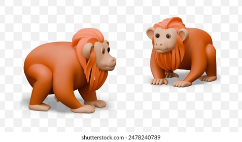 Orange vector monkey in realistic style. Isolated uakari, front and side view