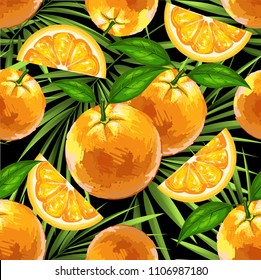 Orange. Vector pattern of fresh tropical fruits and with palm leaves. Hand drawing.