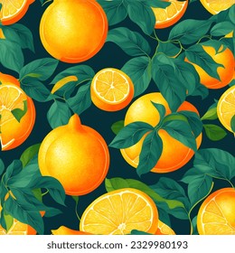 Orange. Vector pattern of fresh tropical fruits and with palm leaves. Hand drawing.