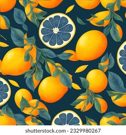 Orange. Vector pattern of fresh tropical fruits and with palm leaves. Hand drawing.