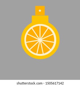 An orange vector perfume illustration, an orange icon that forms a perfume bottle, a citrus character, a perfume icon, simple, flat and elegant.