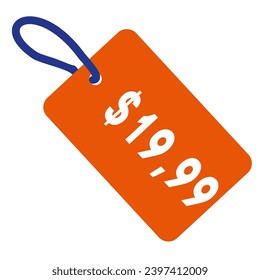 Etiqueta de venta del vector naranja. Ilustración plana o caricatura aislada en fondo blanco. Elemento de publicidad con precio de promoción. Marca de color para venta de temporada media o temporada, impresión de paquete de etiquetas, objeto web.