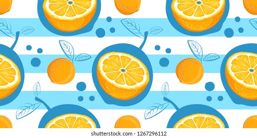 Orange vector seamless pattern. Sketch oranges. Citrus fruit background. Elements for menu, greeting cards, wrapping paper, cosmetics packaging, posters etc