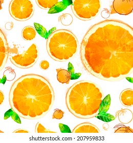 Orange vector seamless patterns of sliced ??fruit and leaves painted with watercolors on white background. 