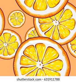 Orange vector seamless patterns of sliced fruit on color background.