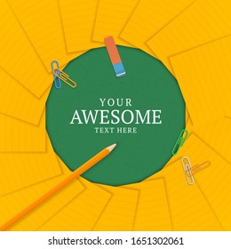Orange vector sheets of paper, pencil, rubber and clips lie on a green school board and form a frame circle shape illustration