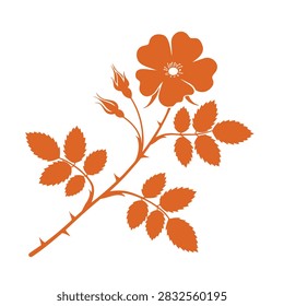 An orange vector silhouette of a wild rose branch featuring a blooming flower, two closed buds, thorns, and detailed leaves isolated on a white background