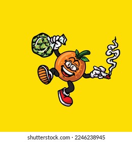 orange vector smoking joint and holding bag nug weed flower face high stoned