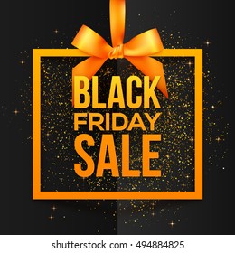 Orange vector square frame hanging on silky ribbon with bow and Black Friday Sale sign inside