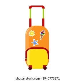 Orange vector traveling baggage suitcase. Summer element isolated on white background. Summer travel suitcase with stickers. Vector illustration