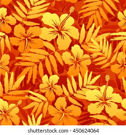 Orange vector tropical flowers seamless pattern