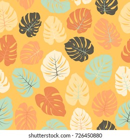 Orange vector tropical pattern with jungle leaves bohemian decor, seamless textile background. Floral jungle ornament with monstera leaf tropical seamless pattern. Monstera plant background.