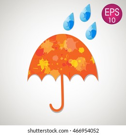 Orange vector umbrella with colorful spots and water drops