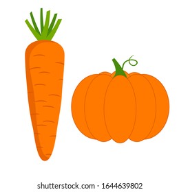 Orange vegetables. Carrots and pumpkin with green tops. Illustration in the flat style