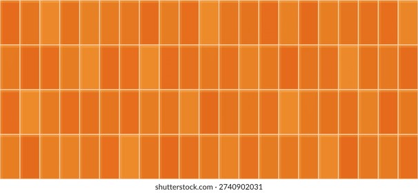 Orange vertical tile seamless pattern for bathroom wall and kitchen backsplash. Ceramic mosaic texture with rectangle tiles. Abstract simple background, orange interior panel, vector illustration