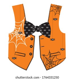 Orange vest with bow tie with cobwebs and spiders. Halloween kids print t shirt. Cartoon vector illustration.
